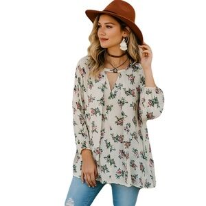 3/$30 UMGEE Floral‎ Boho Tunic Blouse Sz L Cottagecore Romantic Flowy